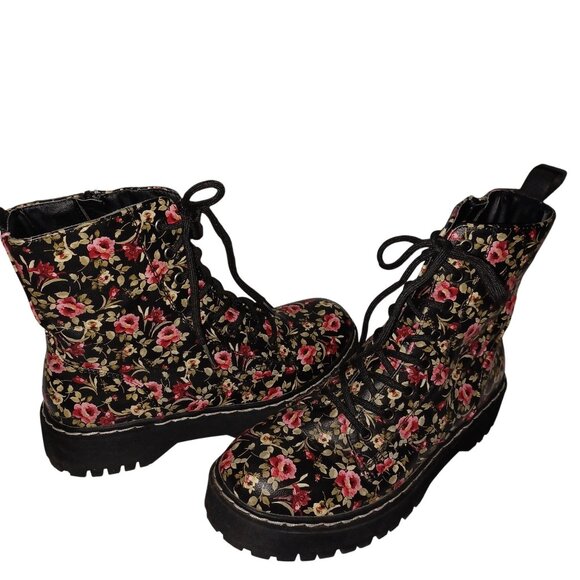 Union Bay Floral Womens Moto Combat Boots Chunky Lace Up Black/Red Rose Size 8M - Picture 4 of 10
